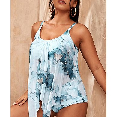Women Curvy Plus Size Tankini Set Floral Ruffled Knot Front High Waisted Swimsuits