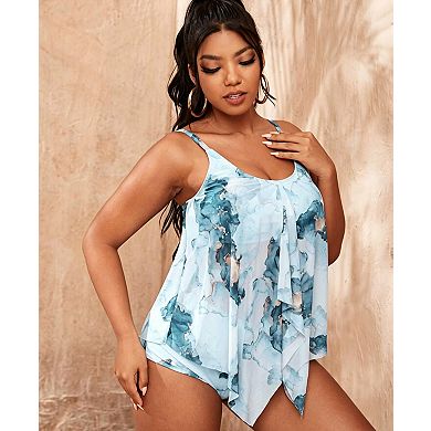 Women Curvy Plus Size Tankini Set Floral Ruffled Knot Front High Waisted Swimsuits