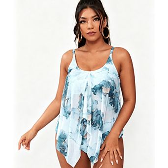 Women Curvy Plus Size Tankini Set Floral Ruffled Knot Front High Waisted Swimsuits