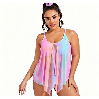 Women Curvy Plus Size Tankini Set Floral Ruffled Knot Front High Waisted Swimsuits
