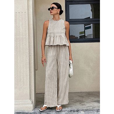 Women's Gingham Two-Piece Set SleevelessRuffle Hem Top High Waist Straight Pants