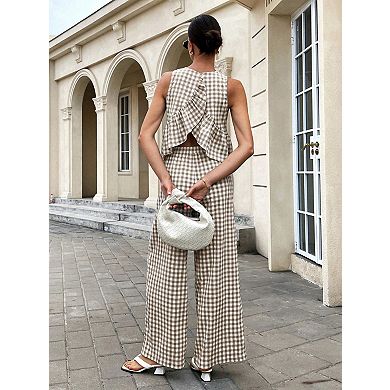 Women's Gingham Two-Piece Set SleevelessRuffle Hem Top High Waist Straight Pants