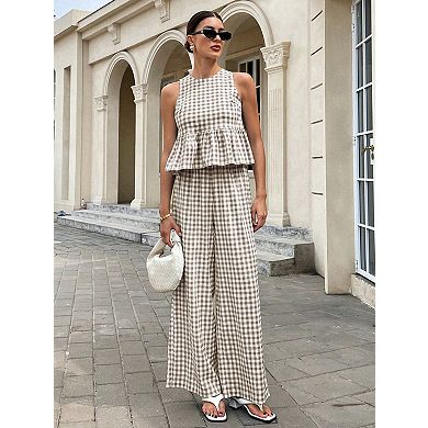 Women's Gingham Two-Piece Set SleevelessRuffle Hem Top High Waist Straight Pants