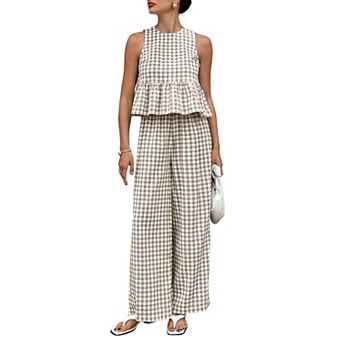 Women's Gingham Two-Piece Set SleevelessRuffle Hem Top High Waist Straight Pants