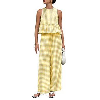 Women's Gingham Two-Piece Set SleevelessRuffle Hem Top High Waist Straight Pants