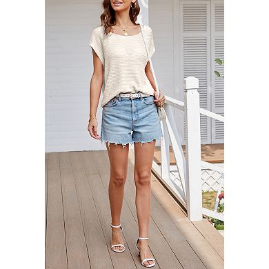 Women's Knit Short Sleeve Top Crew Neck Loose Fit Casual Blouse