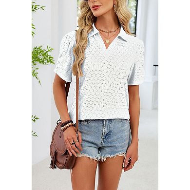 Women's Eyelet Polo Shirt V-Neck Puff Short Sleeve Casual Top