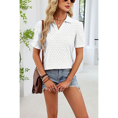 Women's Eyelet Polo Shirt V-Neck Puff Short Sleeve Casual Top