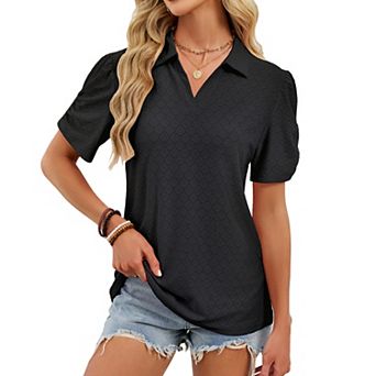 Women's Eyelet Polo Shirt V-Neck Puff Short Sleeve Casual Top
