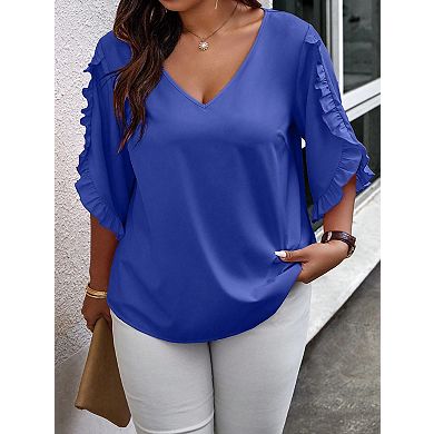 Women's Plus Size V-Neck Blouse Ruffle Short Sleeve Loose Fit Casual Top