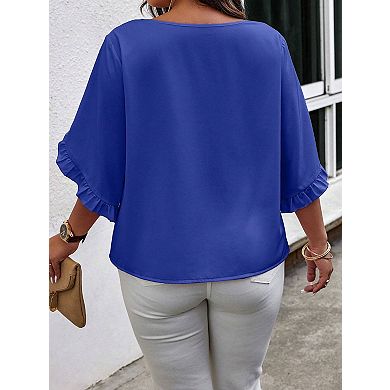 Women's Plus Size V-Neck Blouse Ruffle Short Sleeve Loose Fit Casual Top