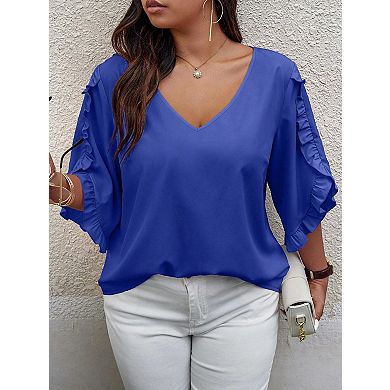 Women's Plus Size V-Neck Blouse Ruffle Short Sleeve Loose Fit Casual Top