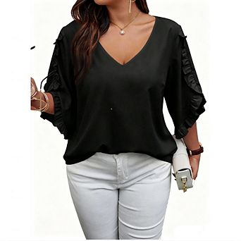 Women's Plus Size V-Neck Blouse Ruffle Short Sleeve Loose Fit Casual Top