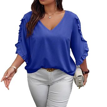 Women's Plus Size V-Neck Blouse Ruffle Short Sleeve Loose Fit Casual Top