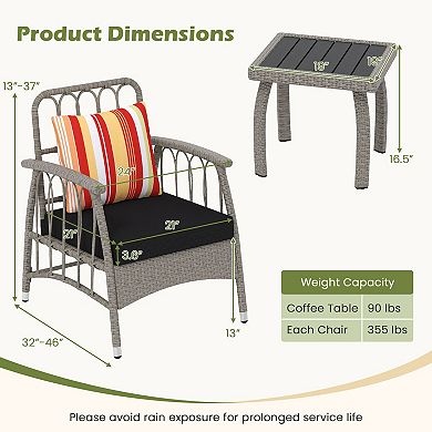 Costway 3 PCS Patio PE Wicker Furniture Set with 5-Level Adjustable Backrest Bistro Set