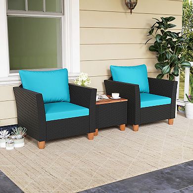 Costway 3PCS Patio Rattan Furniture Set Cushioned Sofa Storage Table Wood Top