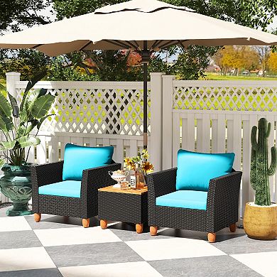 Costway 3PCS Patio Rattan Furniture Set Cushioned Sofa Storage Table Wood Top