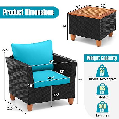Costway 3PCS Patio Rattan Furniture Set Cushioned Sofa Storage Table Wood Top