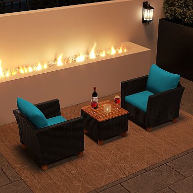Costway 3PCS Patio Rattan Furniture Set Cushioned Sofa Storage Table Wood Top