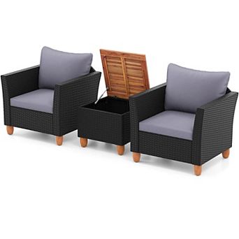 Costway 3 pc Patio Rattan Furniture Set Cushioned Sofa Storage Table Wood Top