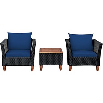 Costway 3 pc Patio Rattan Furniture Set Cushioned Sofa Storage Table Wood Top