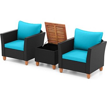 Costway 3 pc Patio Rattan Furniture Set Cushioned Sofa Storage Table Wood Top