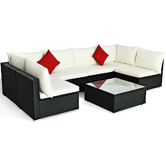 Costway 7 pc Patio Wicker Sofa Set Sectional Conversation Furniture Set Garden