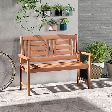 Costway Outdoor Solid Wood Loveseat with Inclined Backrest & Slatted Seat Teak Painting