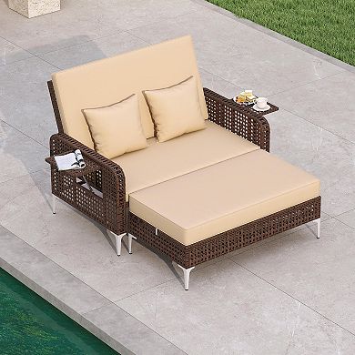 Costway 2 PCS Wicker Loveseat & Storage Ottoman with 4-Level Backrest & Soft Cushion