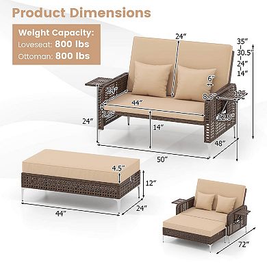 Costway 2 PCS Wicker Loveseat & Storage Ottoman with 4-Level Backrest & Soft Cushion