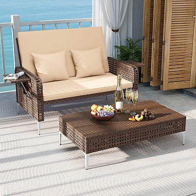 Costway 2 PCS Wicker Loveseat & Storage Ottoman with 4-Level Backrest & Soft Cushion