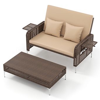 Costway 2 pc Wicker Loveseat & Storage Ottoman with 4-Level Backrest & Soft Cushion
