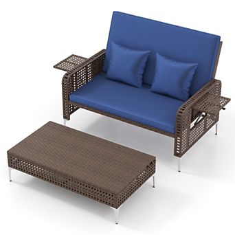 Costway 2 pc Wicker Loveseat & Storage Ottoman with 4-Level Backrest & Soft Cushion