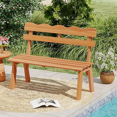 Costway Outdoor Wood Bench with Ergonomic Backrest Solid Acacia Wood 800 lbs Weight Support