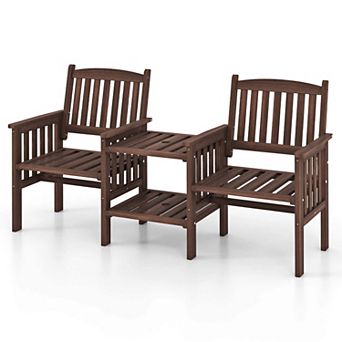 Costway Outdoor Fir Wood Loveseat with 2 tier Side Table and 1.96" Umbrella Hole