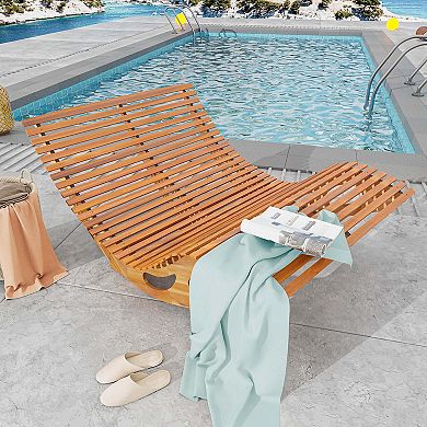 Costway Outdoor Double Chaise Lounge for 2 with High Back Slatted Seat Stopper for Patio