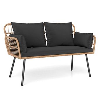 Costway Patio Wicker Loveseat Furniture with Seat Back Cushions, Heavy-Duty Metal Legs