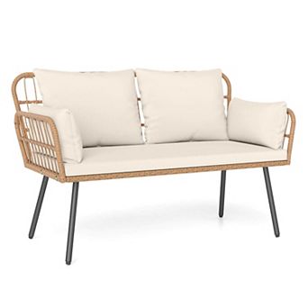 Costway Patio Wicker Loveseat Furniture with Seat Back Cushions, Heavy-Duty Metal Legs