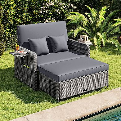 Costway Patio Rattan Daybed Set Wicker Loveseat Sofa with Ottoman & Retractable Side Tray