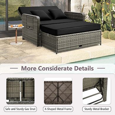 Costway Patio Rattan Daybed Set Wicker Loveseat Sofa with Ottoman & Retractable Side Tray