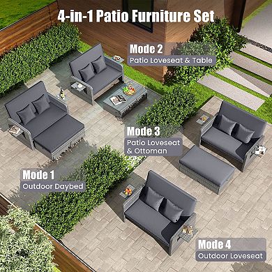 Costway Patio Rattan Daybed Set Wicker Loveseat Sofa with Ottoman & Retractable Side Tray