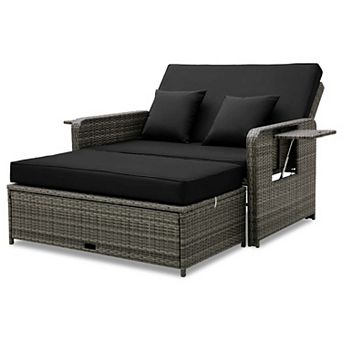 Costway Patio Rattan Daybed Set Wicker Loveseat Sofa with Ottoman & Retractable Side Tray
