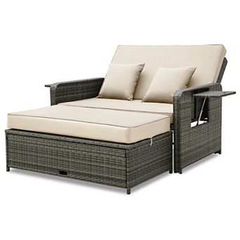 Costway Patio Rattan Daybed Set Wicker Loveseat Sofa with Ottoman & Retractable Side Tray