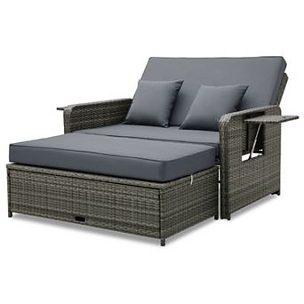 Costway Patio Rattan Daybed Set Wicker Loveseat Sofa with Ottoman & Retractable Side Tray