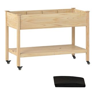 Costway Wooden Raised Garden Bed with Legs, Lockable Wheels, Liner, Storage Shelf Drainage