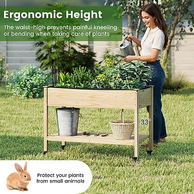 Costway Wooden Raised Garden Bed with Legs, Lockable Wheels, Liner, Storage Shelf Drainage