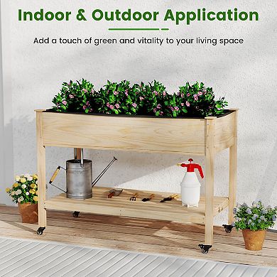 Costway Wooden Raised Garden Bed with Legs, Lockable Wheels, Liner, Storage Shelf Drainage