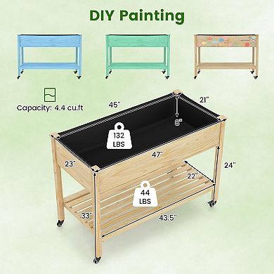 Costway Wooden Raised Garden Bed with Legs, Lockable Wheels, Liner, Storage Shelf Drainage