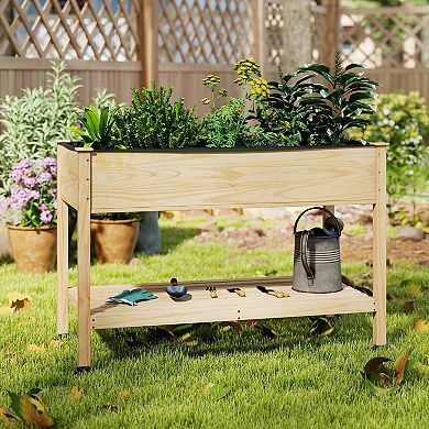 Costway Wooden Raised Garden Bed with Legs, Lockable Wheels, Liner, Storage Shelf Drainage