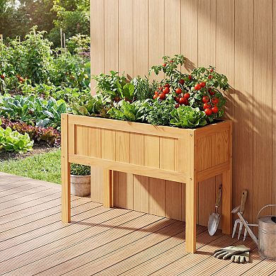 Costway Wooden Raised Garden Bed Elevated Planter Box with Bed Liner & Drainage Holes
